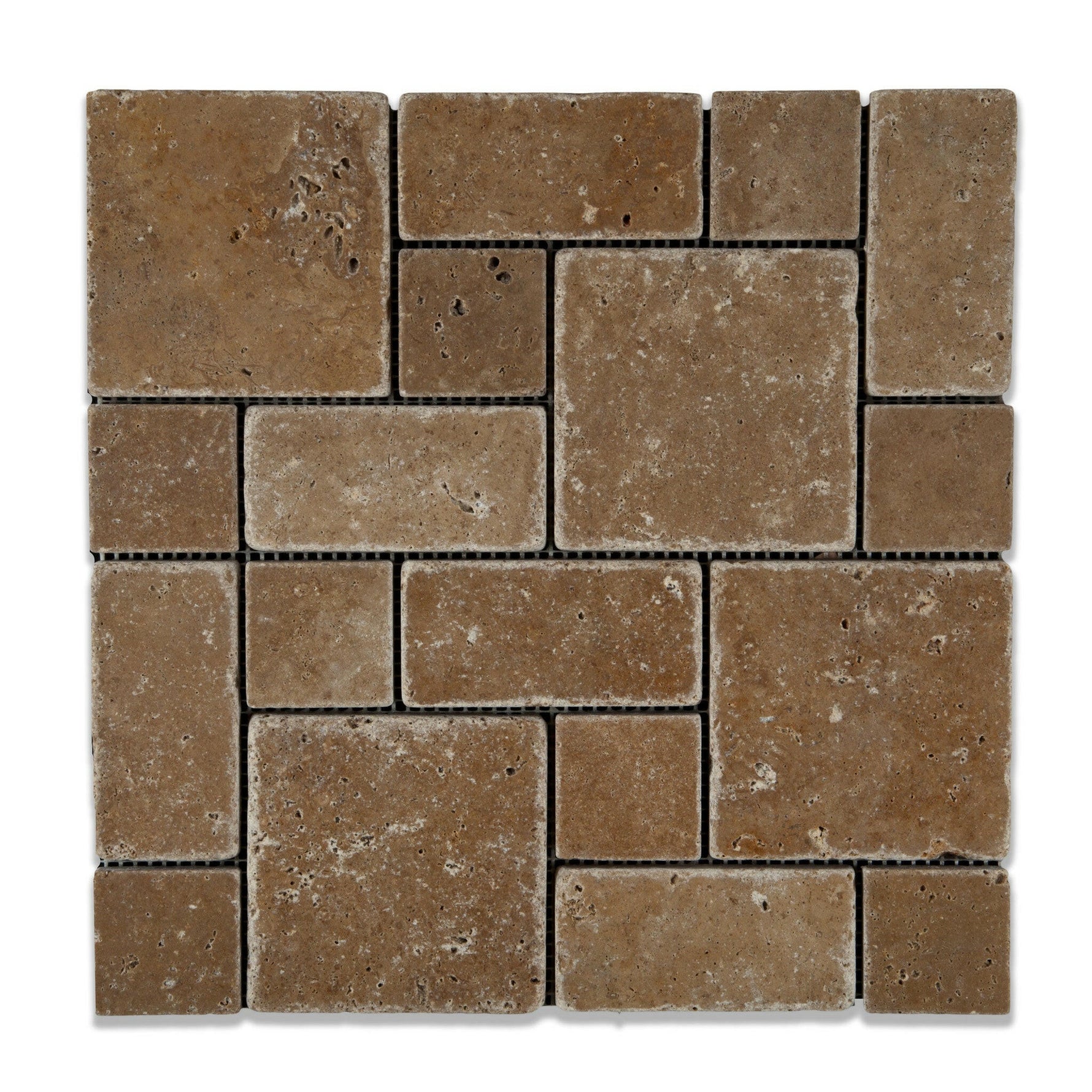 Noce Travertine 3-Pieced Mini-Pattern Tumbled Mosaic Tile-Travertine Mosaic-American Tile Depot