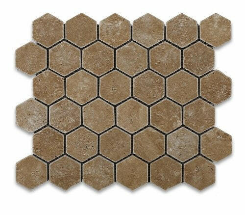 Noce Travertine Tumbled 2'' Hexagon Mosaic Tile-Travertine Mosaic-American Tile Depot