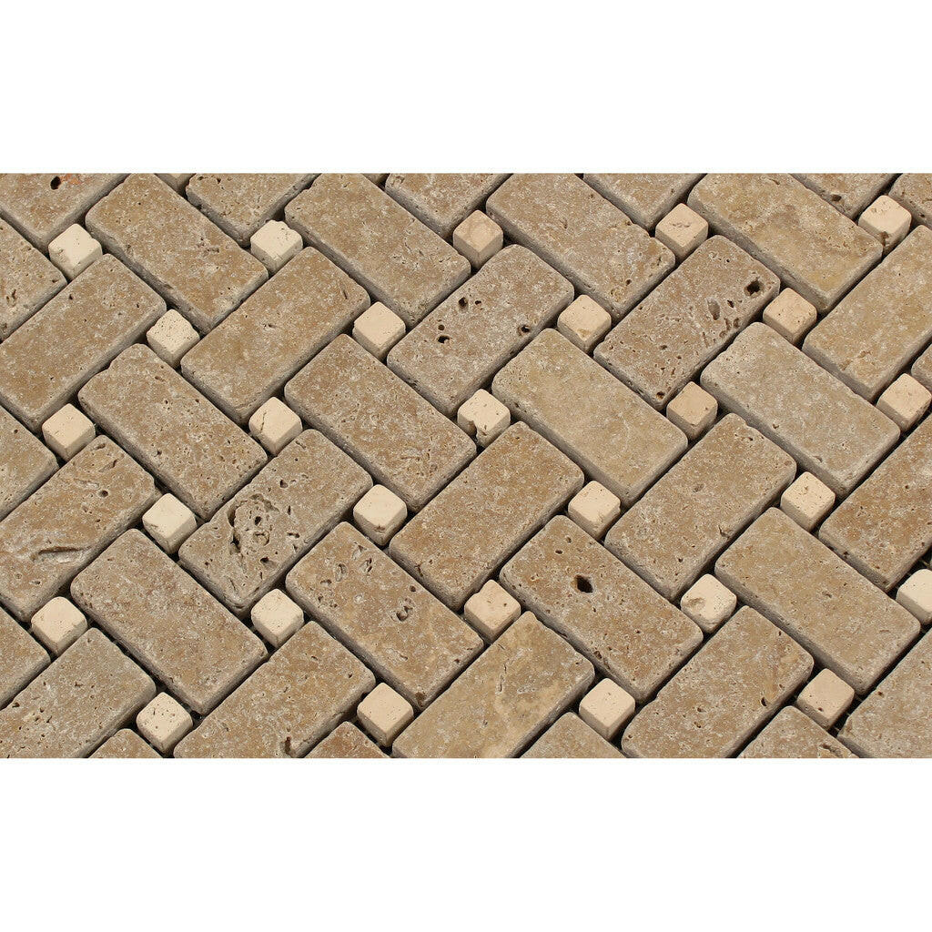 Noce Travertine Tumbled Basketweave Mosaic Tile w/ Ivory Dots-Travertine Mosaic-American Tile Depot