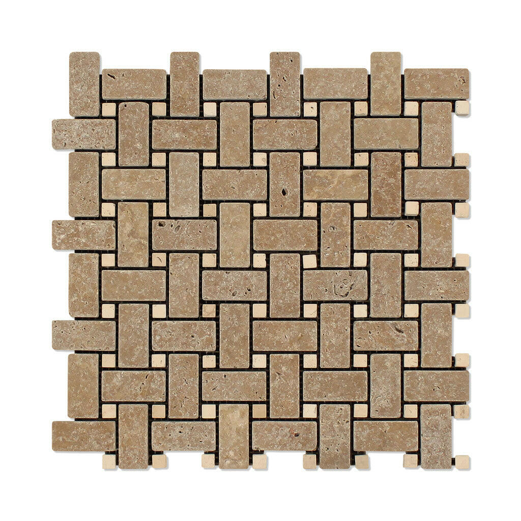 Noce Travertine Tumbled Basketweave Mosaic Tile w/ Ivory Dots-Travertine Mosaic-American Tile Depot