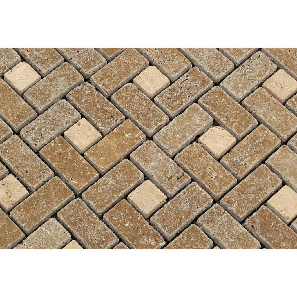 Noce Travertine Tumbled Large Pinwheel Mosaic Tile w/ Ivory Dots-Travertine Mosaic-American Tile Depot