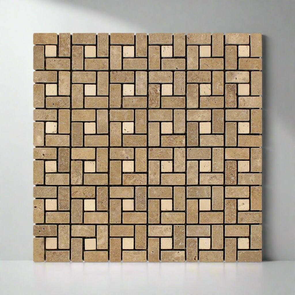 Noce Travertine Tumbled Mini Pinwheel Mosaic Tile w / Ivory Dots-Travertine Mosaic-American Tile Depot