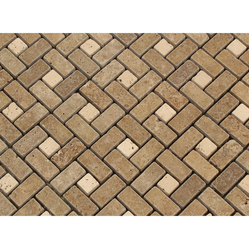 Noce Travertine Tumbled Mini Pinwheel Mosaic Tile w / Ivory Dots-Travertine Mosaic-American Tile Depot