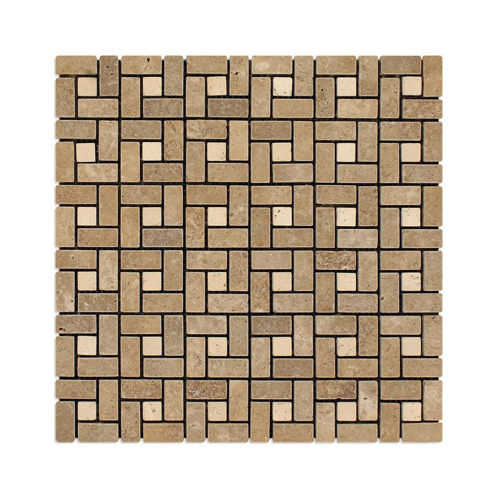 Noce Travertine Tumbled Mini Pinwheel Mosaic Tile w / Ivory Dots-Travertine Mosaic-American Tile Depot