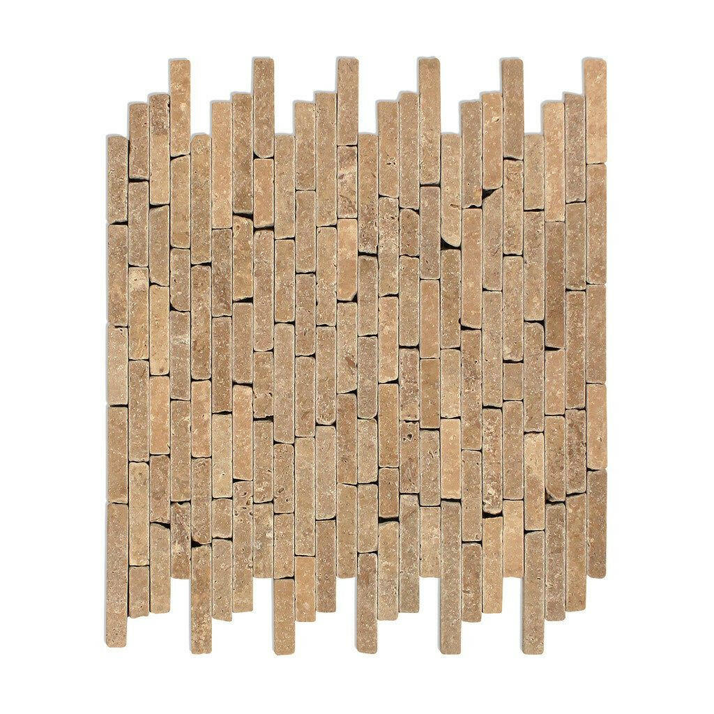 Noce Travertine Tumbled Random Strip Mosaic Tile-Travertine Mosaic-American Tile Depot