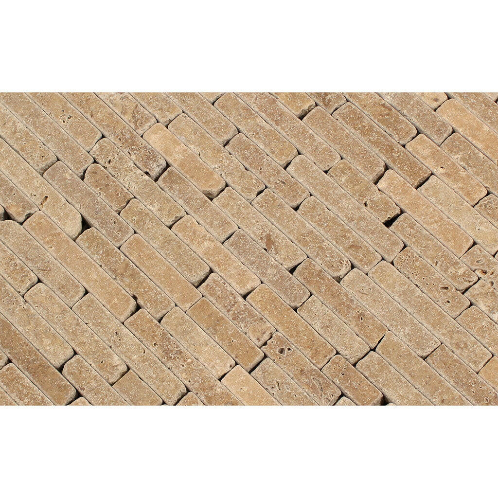 Noce Travertine Tumbled Random Strip Mosaic Tile-Travertine Mosaic-American Tile Depot