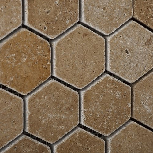 Noce Travertine Tumbled 2'' Hexagon Mosaic Tile