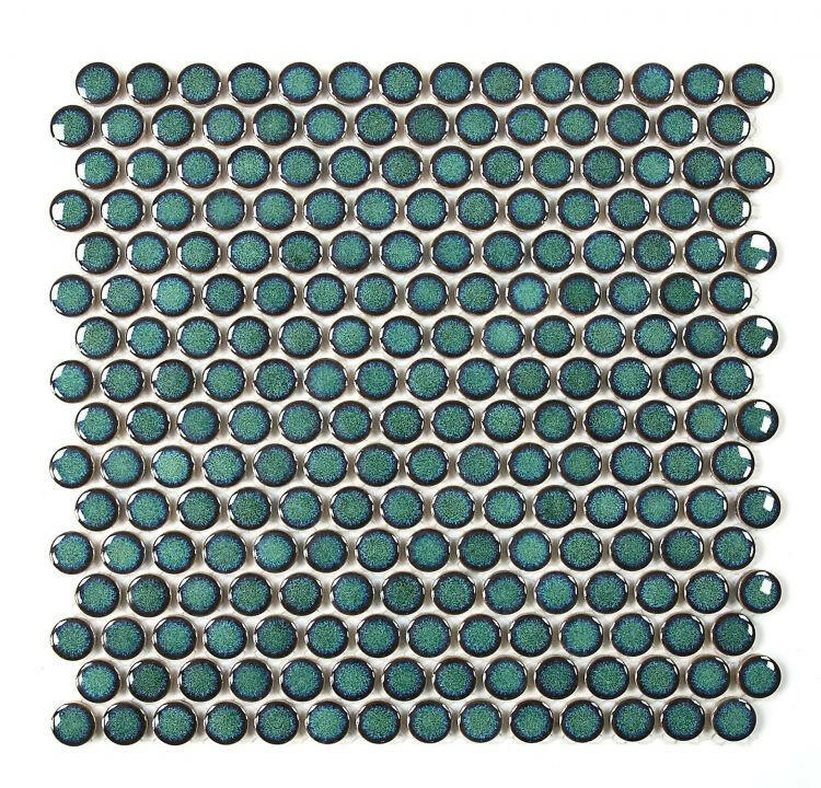 Orb Night Turquoise Glossy Penny Round Handmade Porcelain Mosaic Tile-Porcelain Mosaic-American Tile Depot