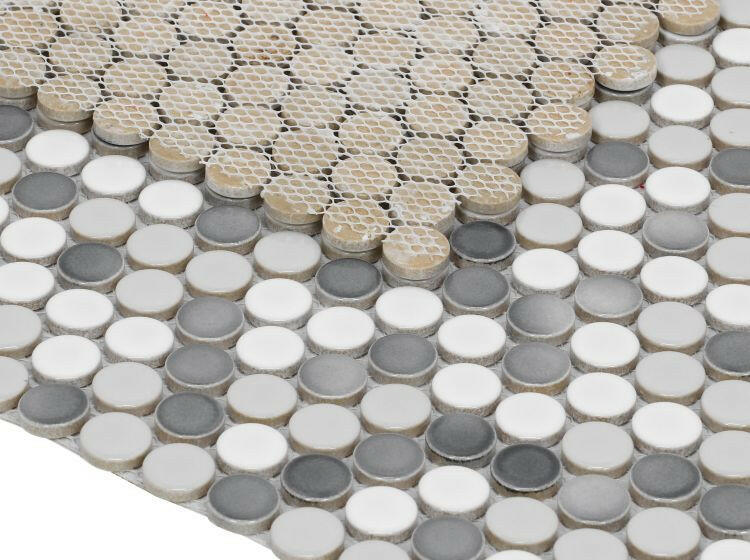 Orb Noon Mixed Grey Glossy Penny Round Handmade Porcelain Mosaic Tile-Porcelain Mosaic-American Tile Depot