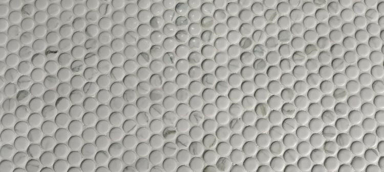 Orb Noon Statuario Glossy Penny Round Handmade Porcelain Mosaic Tile-Porcelain Mosaic-American Tile Depot