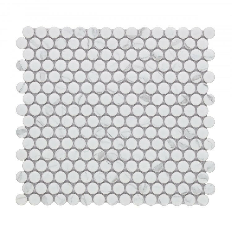 Orb Noon Statuario Matte Penny Round Handmade Porcelain Mosaic Tile-Porcelain Mosaic-American Tile Depot