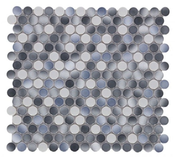 Orb Night Gradient Grey Glossy Penny Round Handmade Porcelain Mosaic Tile-Porcelain Mosaic-American Tile Depot