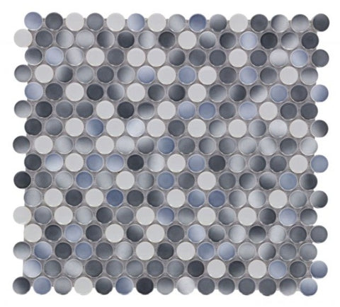 Orb Night Gradient Grey Glossy Penny Round Handmade Porcelain Mosaic Tile