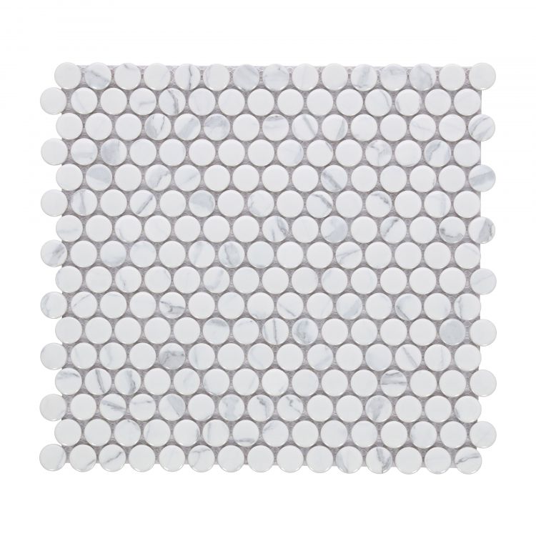 Orb Noon Statuario Glossy Penny Round Handmade Porcelain Mosaic Tile-Porcelain Mosaic-American Tile Depot