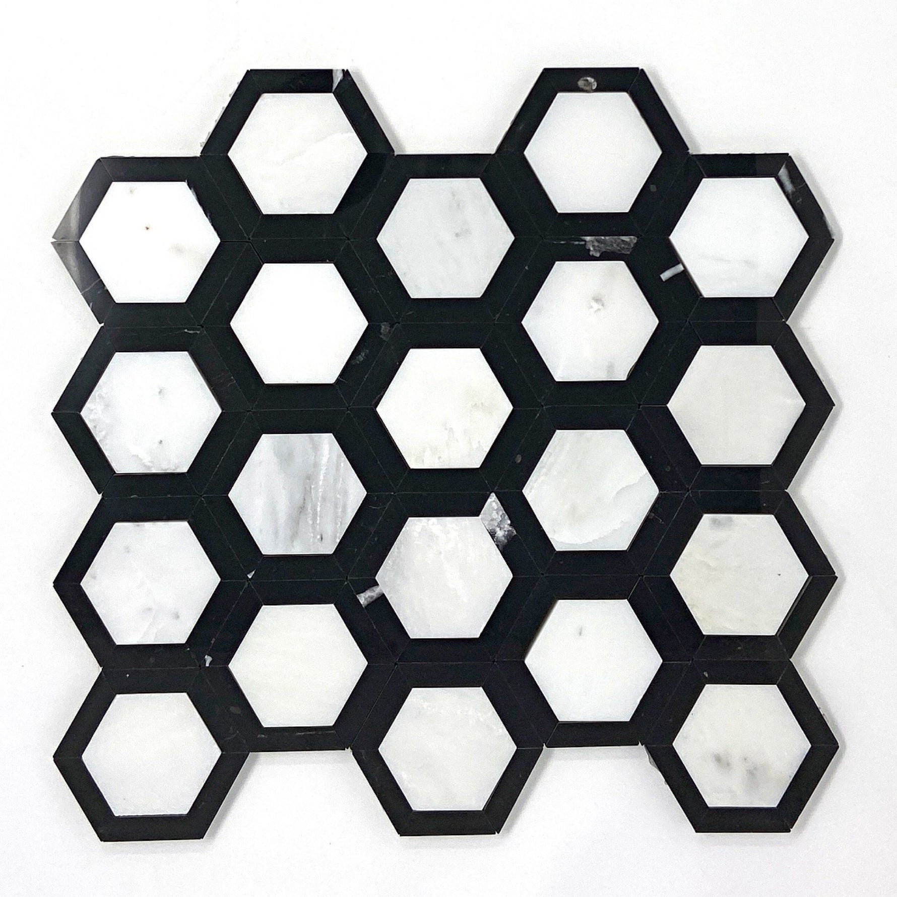 Oriental White / Asian Statuary Marble Honed 2" Vortex Hexagon Mosaic Tile w / Black-Marble Mosaic-American Tile Depot