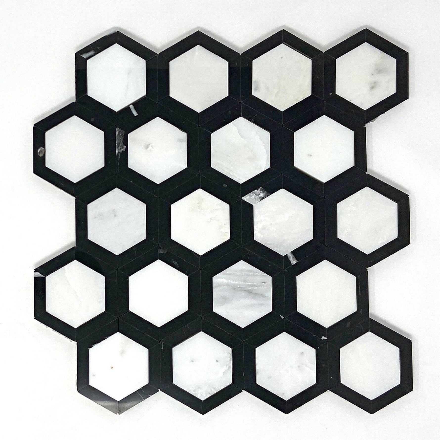 Oriental White / Asian Statuary Marble Honed 2" Vortex Hexagon Mosaic Tile w / Black-Marble Mosaic-American Tile Depot