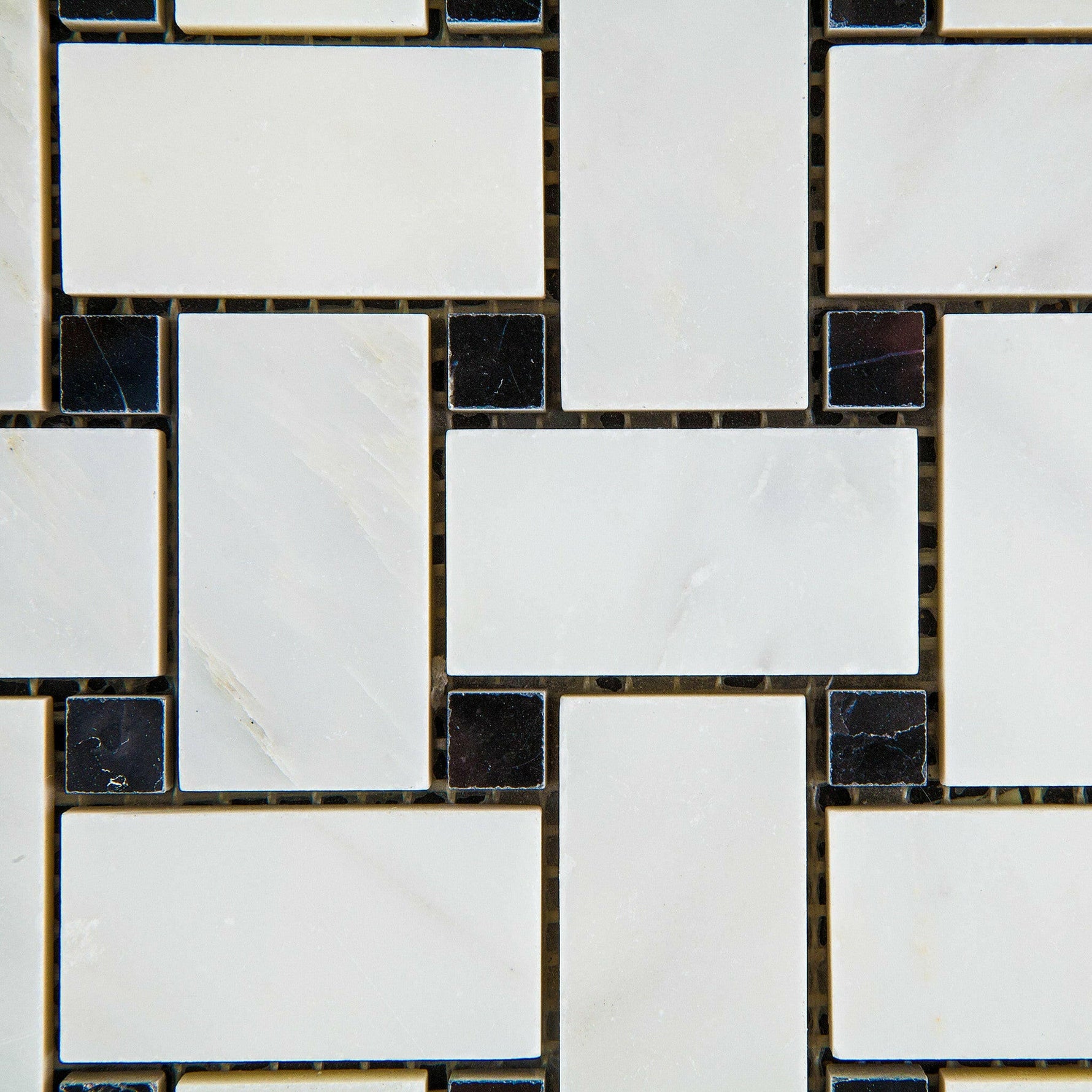 Oriental White / Asian Statuary Marble Honed Basketweave Mosaic Tile w/ Black Dots-Marble Mosaic-American Tile Depot