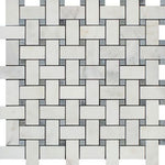 Oriental White / Asian Statuary Marble Honed Basketweave Mosaic Tile w/ Blue Gray Dots-Marble Mosaic-American Tile Depot