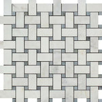 Oriental White / Asian Statuary Marble Honed Basketweave Mosaic Tile w/ Blue Gray Dots-Marble Mosaic-American Tile Depot