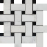 Oriental White / Asian Statuary Marble Honed Large Basketweave Mosaic Tile w / Black Dots-Marble Mosaic-American Tile Depot