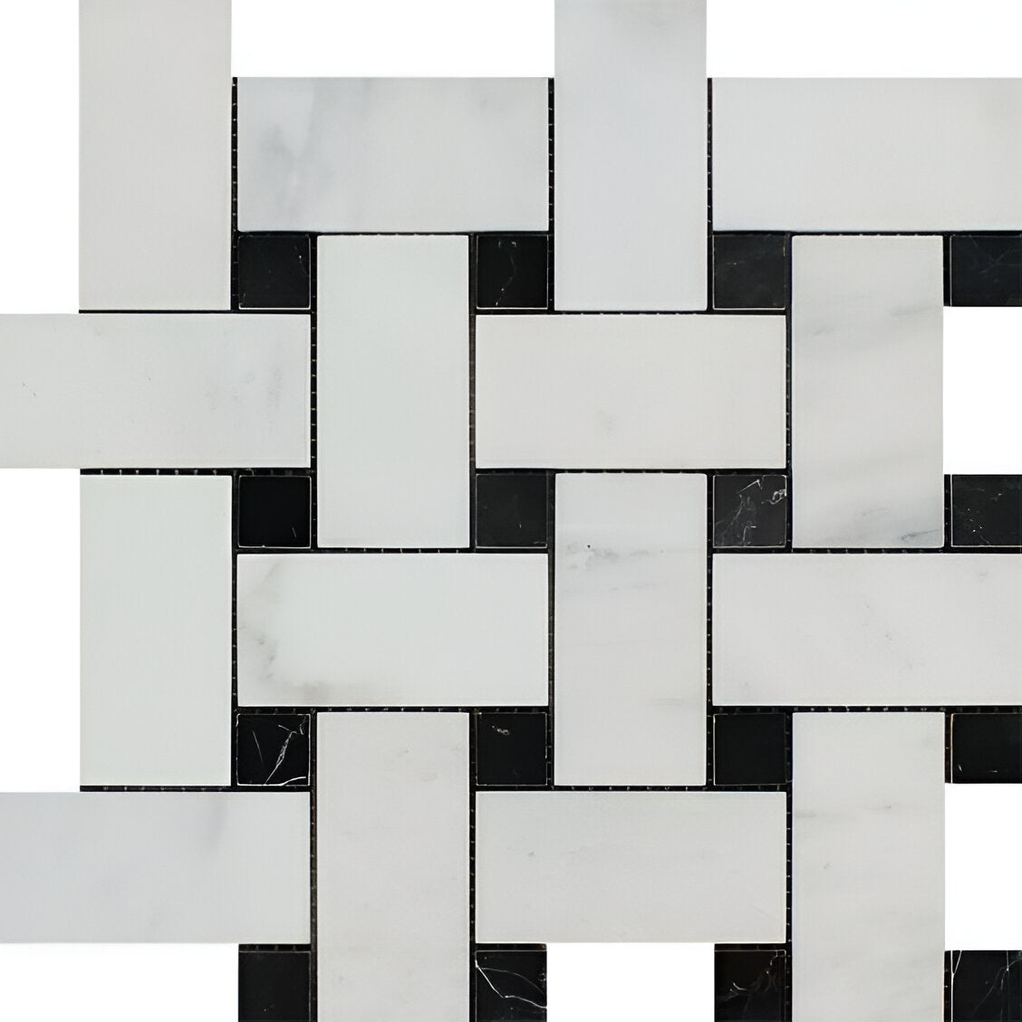 Oriental White / Asian Statuary Marble Honed Large Basketweave Mosaic Tile w / Black Dots-Marble Mosaic-American Tile Depot