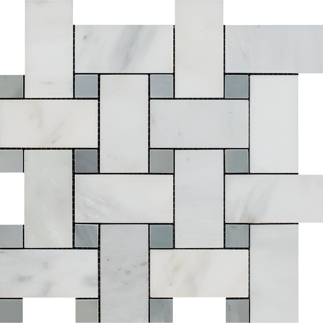 Oriental White / Asian Statuary Marble Honed Large Basketweave Mosaic Tile w / Blue Gray Dots-Marble Mosaic-American Tile Depot