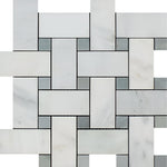 Oriental White / Asian Statuary Marble Honed Large Basketweave Mosaic Tile w / Blue Gray Dots-Marble Mosaic-American Tile Depot