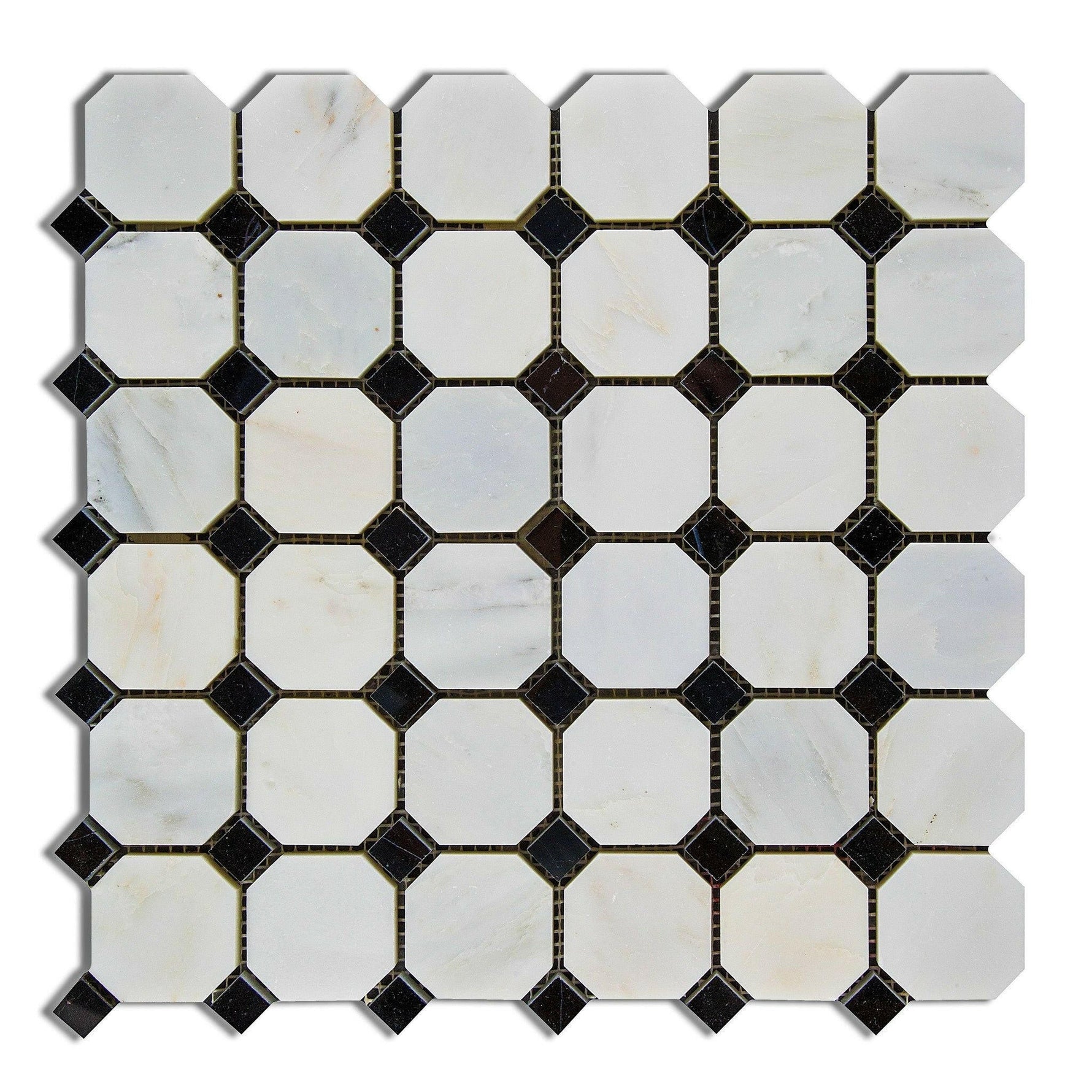 Oriental White / Asian Statuary Marble Honed Octagon Mosaic Tile w/ Black Dots-Marble Mosaic-American Tile Depot