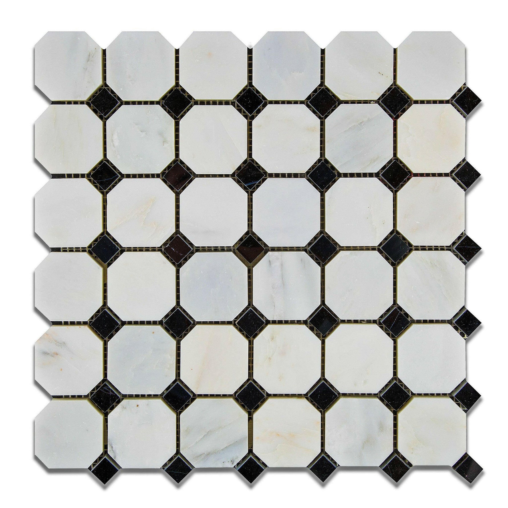 Oriental White / Asian Statuary Marble Honed Octagon Mosaic Tile w/ Black Dots-Marble Mosaic-American Tile Depot