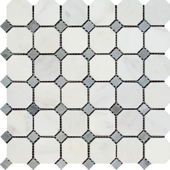 Oriental White / Asian Statuary Marble Honed Octagon Mosaic Tile w/ Blue Gray Dots-Marble Mosaic-American Tile Depot