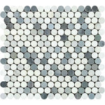 Oriental White / Asian Statuary Marble Honed Penny Round Mosaic Tile w / Blue Gray Dots-Marble Mosaic-American Tile Depot