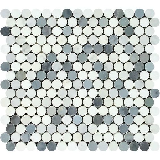 Oriental White / Asian Statuary Marble Honed Penny Round Mosaic Tile w / Blue Gray Dots-Marble Mosaic-American Tile Depot