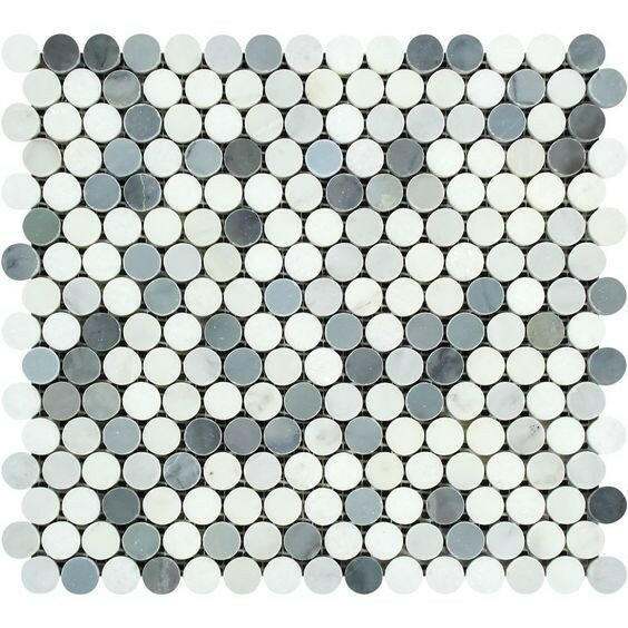 Oriental White / Asian Statuary Marble Honed Penny Round Mosaic Tile w / Blue Gray Dots-Marble Mosaic-American Tile Depot