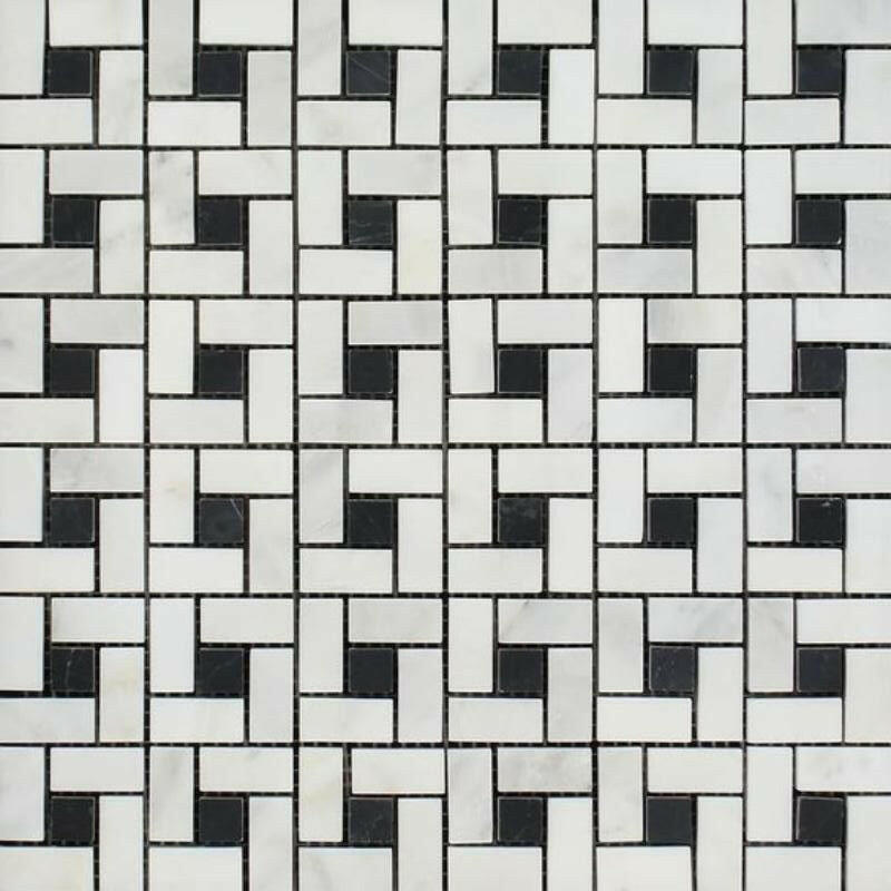 Oriental White / Asian Statuary Marble Honed Pinwheel Mosaic Tile w/ Black Dots-Marble Mosaic-American Tile Depot