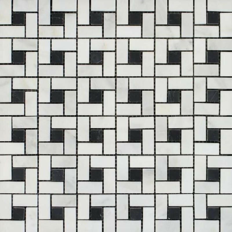 Oriental White / Asian Statuary Marble Honed Pinwheel Mosaic Tile w/ Black Dots-Marble Mosaic-American Tile Depot