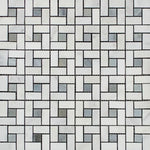 Oriental White / Asian Statuary Marble Honed Pinwheel Mosaic Tile w/ Blue Gray Dots-Marble Mosaic-American Tile Depot