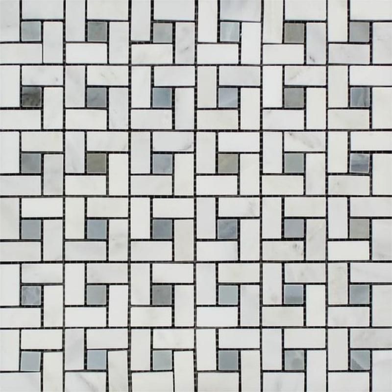 Oriental White / Asian Statuary Marble Honed Pinwheel Mosaic Tile w/ Blue Gray Dots-Marble Mosaic-American Tile Depot