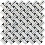 Oriental White / Asian Statuary Marble Honed Stanza Basketweave Mosaic Tile w / Black Dots-Marble Mosaic-American Tile Depot