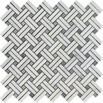 Oriental White / Asian Statuary Marble Honed Stanza Basketweave Mosaic Tile w / Blue-Gray Dots-Marble Mosaic-American Tile Depot