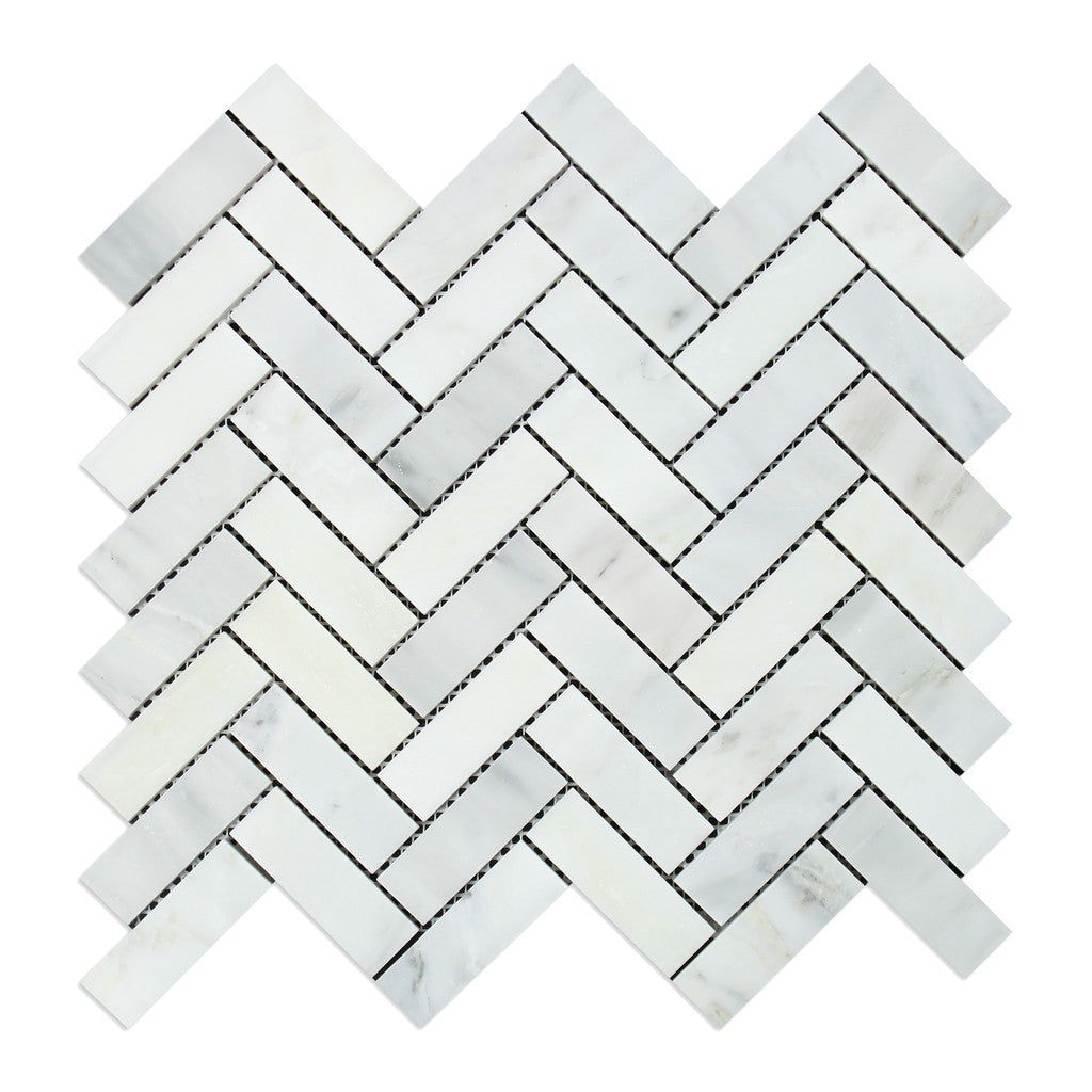 Oriental White / Asian Statuary Marble Polished 1 x 3 Herringbone Mosaic Tile-Marble Mosaic-American Tile Depot