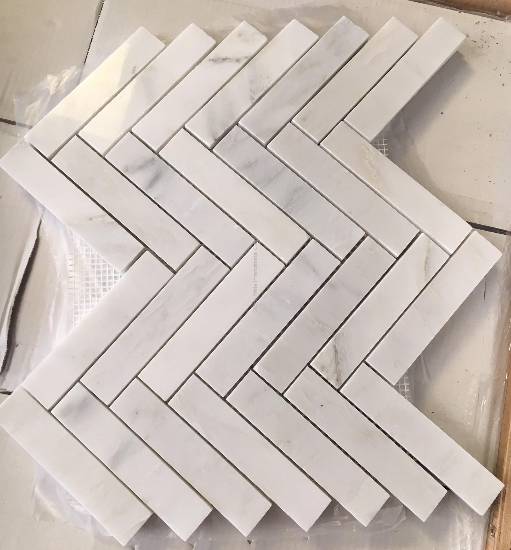 Oriental White / Asian Statuary Marble Polished 1.25 x 6 Herringbone Mosaic Tile-Marble Mosaic-American Tile Depot