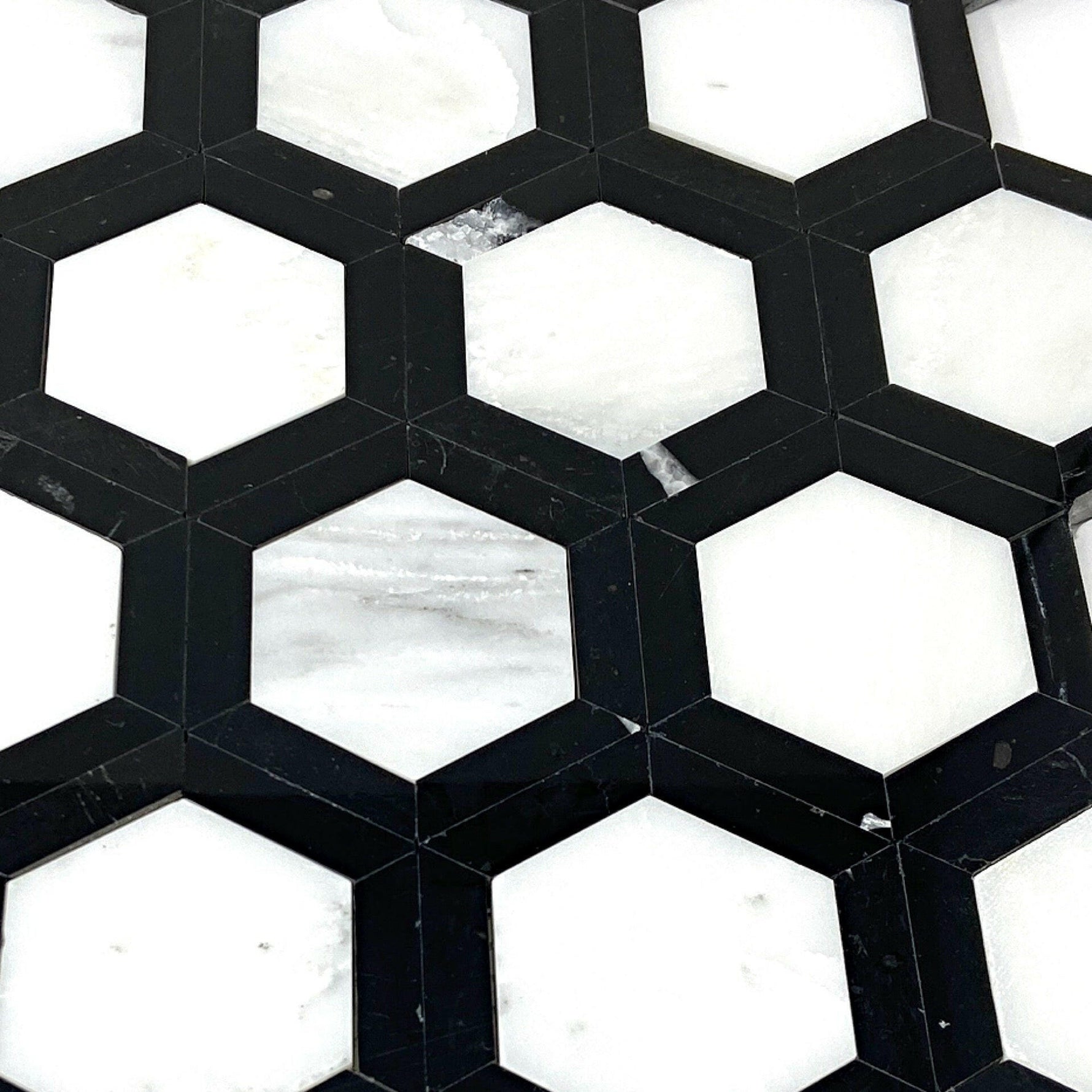 Oriental White / Asian Statuary Marble Polished 2" Vortex Hexagon Mosaic Tile w / Black-Marble Mosaic-American Tile Depot