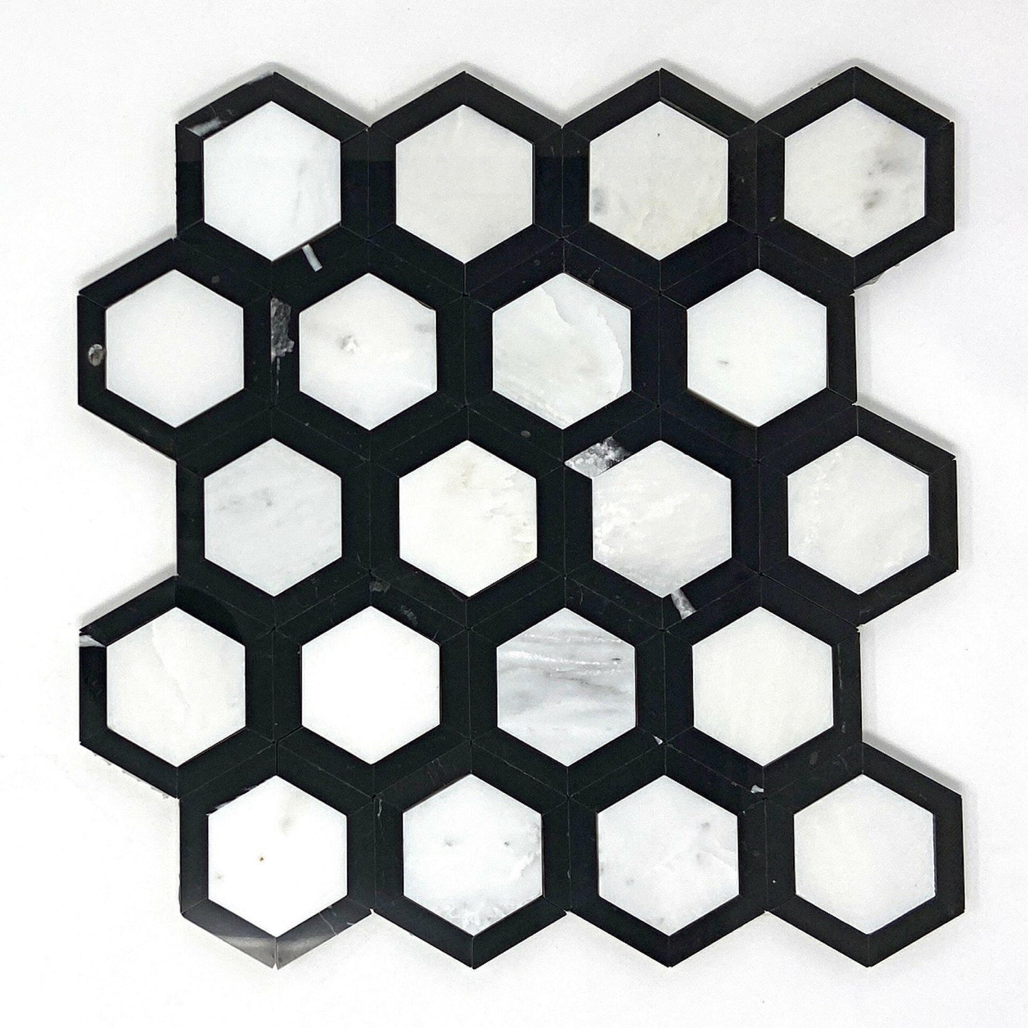 Oriental White / Asian Statuary Marble Polished 2" Vortex Hexagon Mosaic Tile w / Black-Marble Mosaic-American Tile Depot