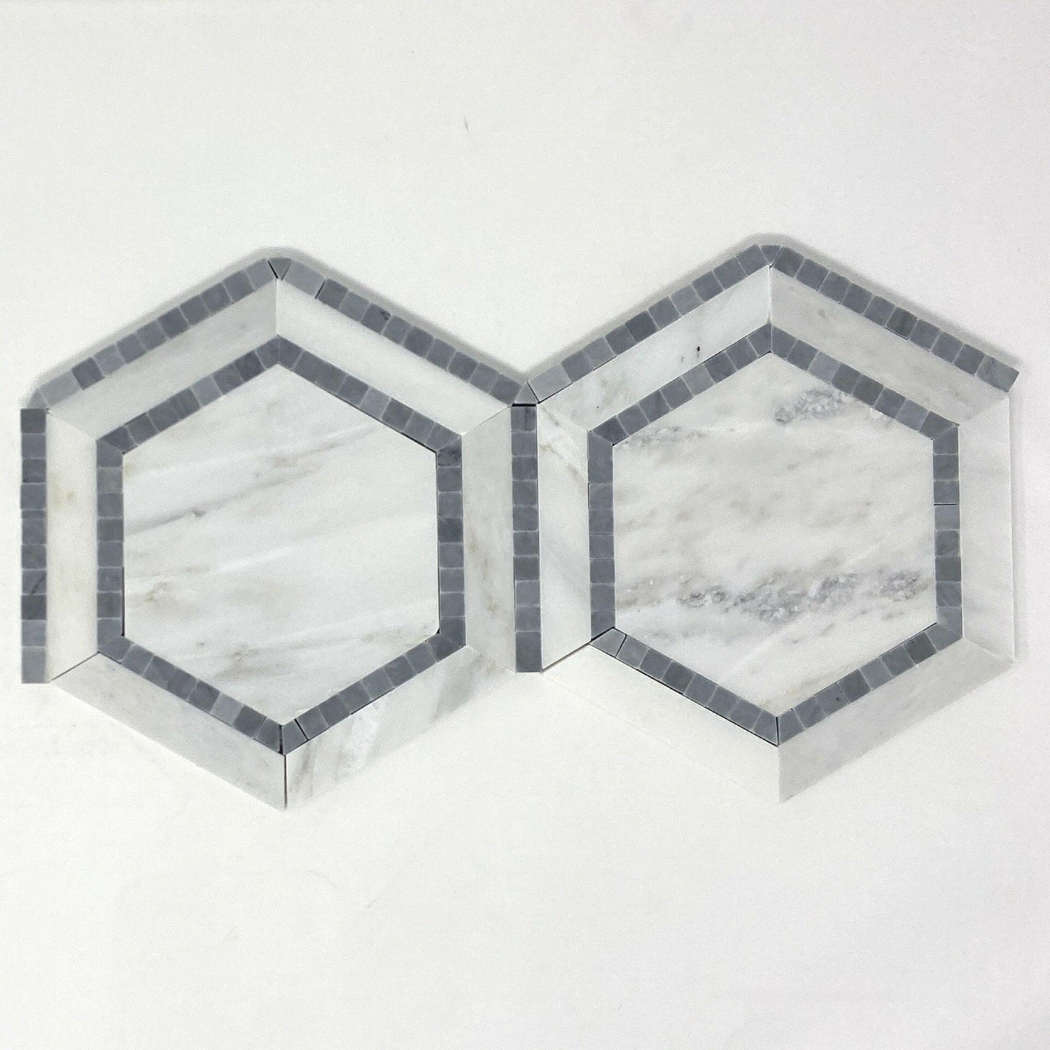 Oriental White / Asian Statuary Marble Polished 5" Hexagon Combination Mosaic Tile w / Blue-Marble Mosaic-American Tile Depot