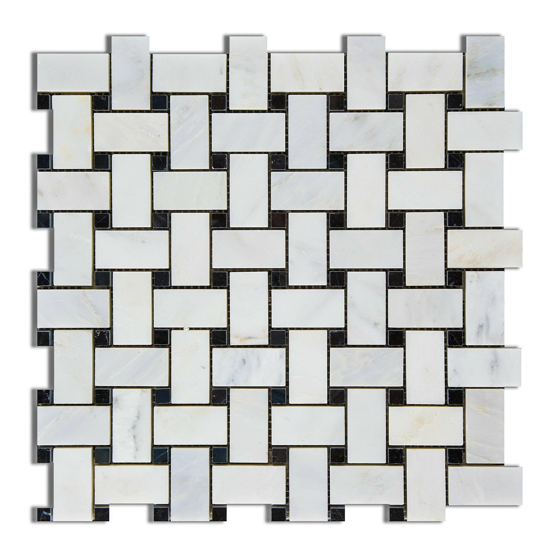 Oriental White / Asian Statuary Marble Polished Basketweave Mosaic Tile w/ Black Dots-Marble Mosaic-American Tile Depot