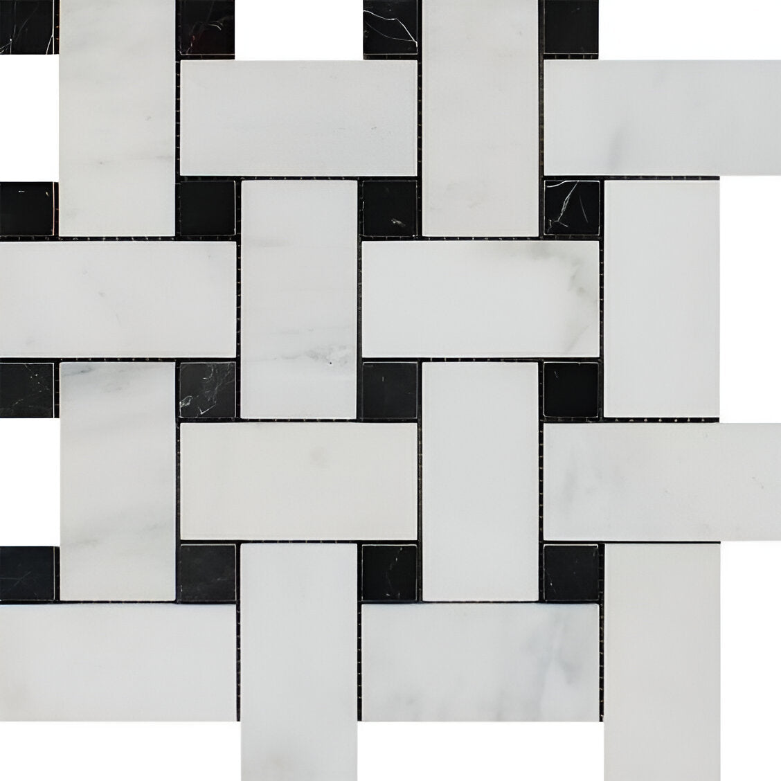 Oriental White / Asian Statuary Marble Polished Large Basketweave Mosaic Tile w / Black Dots-Marble Mosaic-American Tile Depot