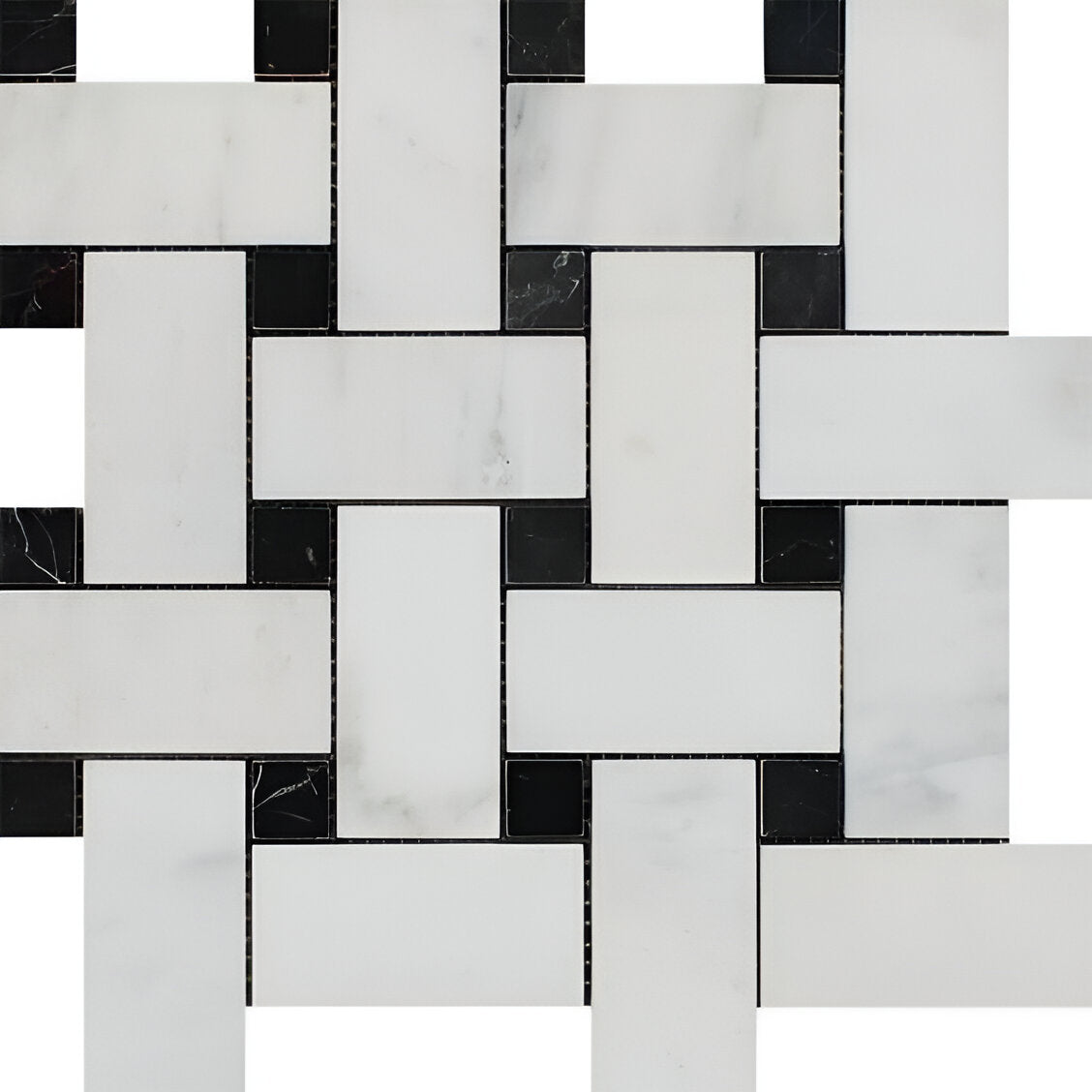 Oriental White / Asian Statuary Marble Polished Large Basketweave Mosaic Tile w / Black Dots-Marble Mosaic-American Tile Depot