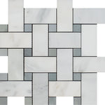 Oriental White / Asian Statuary Marble Polished Large Basketweave Mosaic Tile w / Blue Gray Dots-Marble Mosaic-American Tile Depot