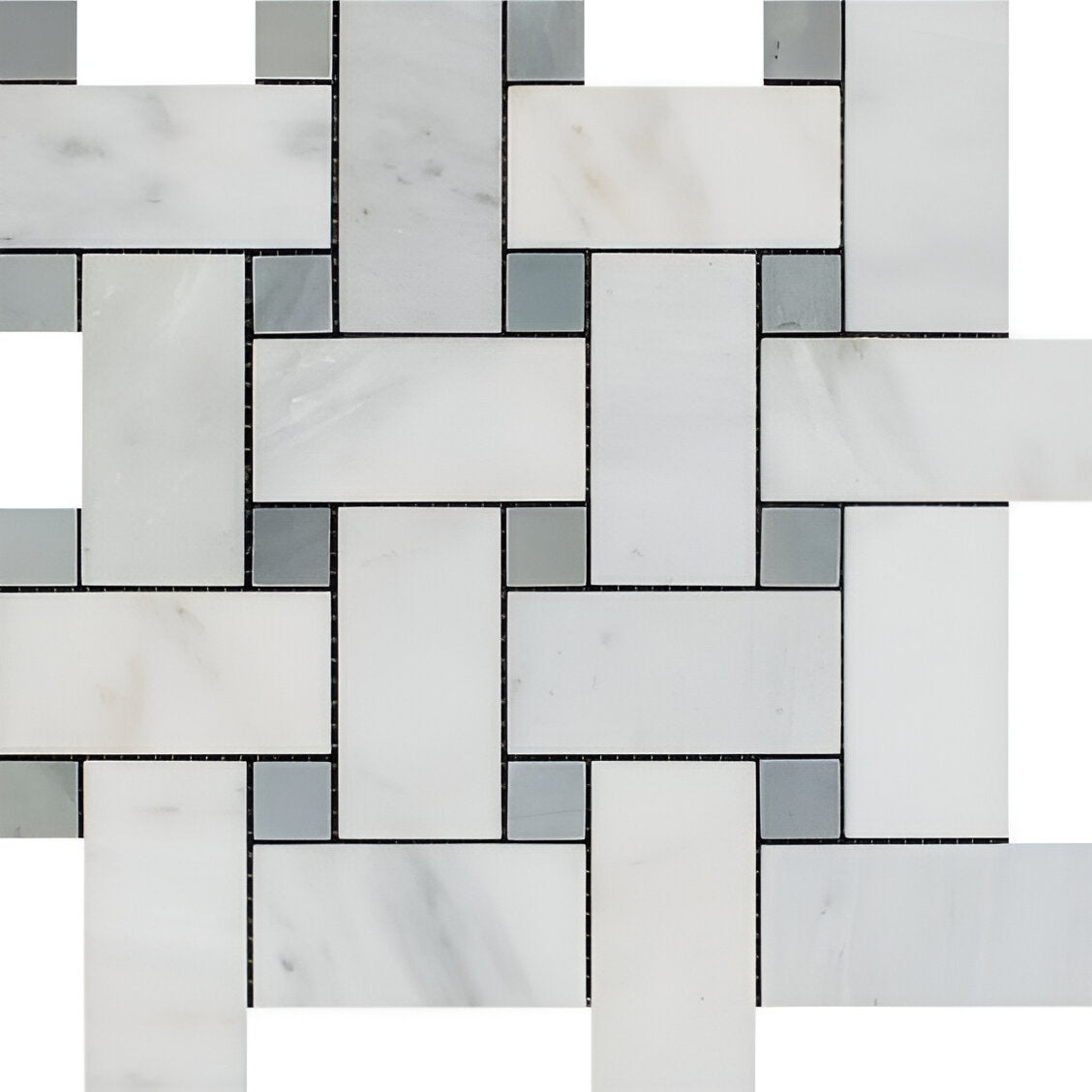 Oriental White / Asian Statuary Marble Polished Large Basketweave Mosaic Tile w / Blue Gray Dots-Marble Mosaic-American Tile Depot