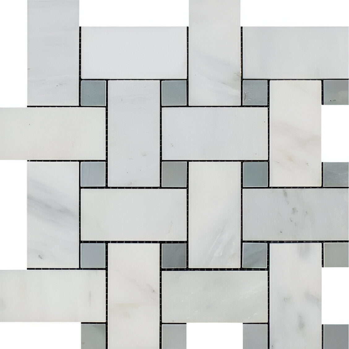 Oriental White / Asian Statuary Marble Polished Large Basketweave Mosaic Tile w / Blue Gray Dots-Marble Mosaic-American Tile Depot